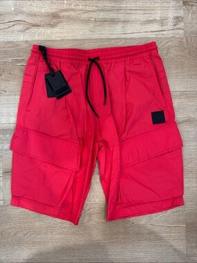 Men's Red Cargo Shorts with Elastic Waist and Utility Pockets